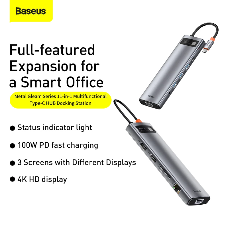 Hub Multifonction Baseus Metal Gleam Series 5-en-1 USB-C Gris