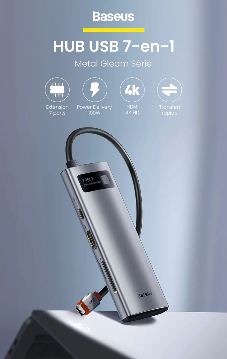 Hub USB-C 7-en-1 Baseus Metal Gleam - Gris
