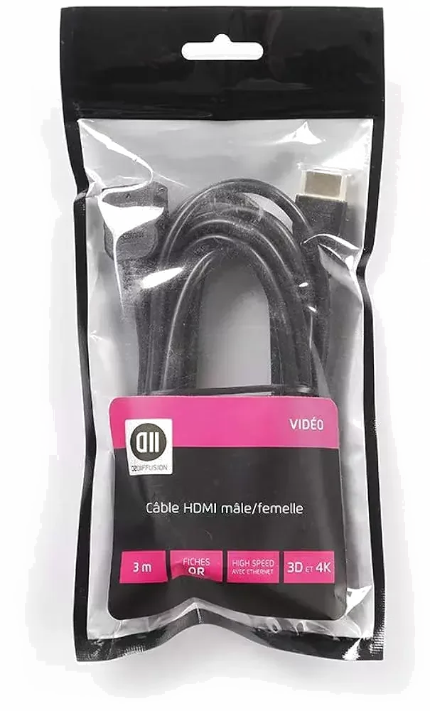 Rallonge HDMI Mâle/Femelle 3m Noir - Connectique Plaqué Or, Compatible 4K