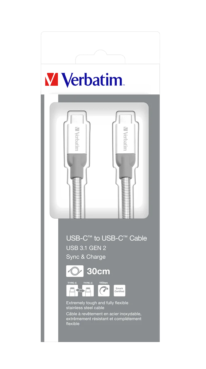 Verbatim Câble de synchronisation et de charge USB-C à USB-C USB 3.1 GÉN 2 de en acier inoxydable de 30 cm