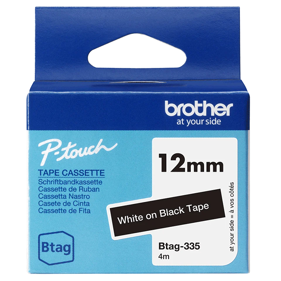 Brother BTAG-335 - Ruban adhésif blanc sur noir, 12 mm de large, non laminé