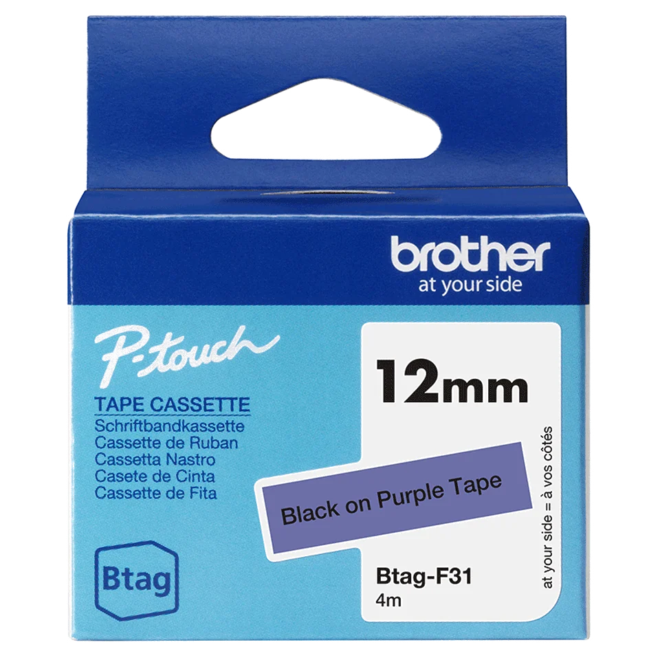 Brother BTAG-F31 – Ruban adhésif noir sur violet, 12 mm de large, non laminé