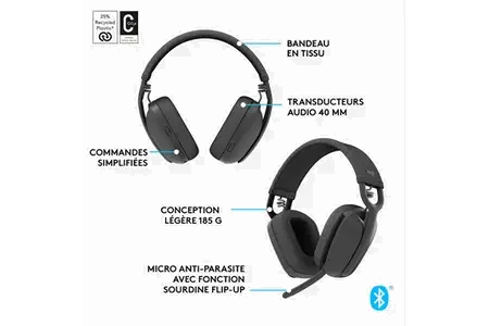 Casque sans fil Logitech Zone Vibe 100 Graphite - Son Immersif et Confort Léger
