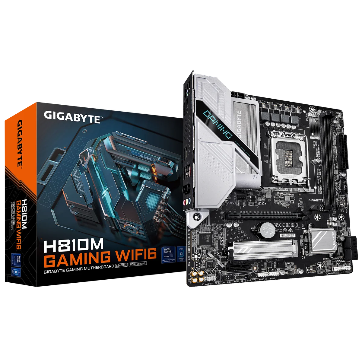 GIGABYTE H810M GAMING WIFI6 Carte mère - Processeurs Intel Core Ultra (Série 2), VRM 4+1+2 phases, jusqu'à 6400 MHz DDR5, 1xPCIe 4.0 M.2, LAN 2.5GbE, WIFI 6, USB 3.2 Gen 1