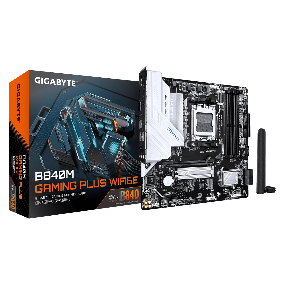 GIGABYTE B840M GAMING PLUS WIFI6E Carte Mère – Processeurs AMD Ryzen 9000, VRM 8+2+2 phases, jusqu’à 8200 MHz DDR5 (O.C.), 2× M.2 PCIe 4.0, Wi-Fi 6E, LAN 1 GbE, USB 3.2 Gen 2