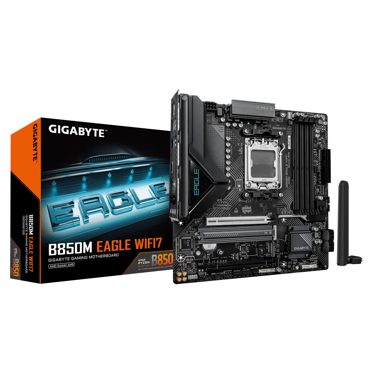 GIGABYTE B850M EAGLE WIFI7 Carte Mère – Processeurs AMD Ryzen 9000 Series, VRM numérique 8+2+2 phases, jusqu’à 8200 MHz DDR5 (O.C.), 1× M.2 PCIe 5.0 + 1× M.2 PCIe 4.0, Wi-Fi 7, LAN 2.5 GbE, USB 3.2 Gen 2