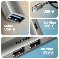 Axagon HUB USB HUE-STA, 4x USB ALU STRIP hub, 1x USB-A 5Gbps, 2x USB-A & 1x USB-C 480Mbps, kabel USB-A 12cm USB 3.2 Gen 1 (3.1 Gen 1) Type-A 5 Mbit/s Gris - 3