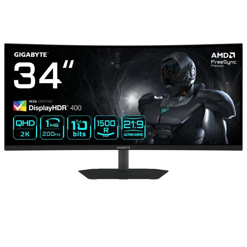 GIGABYTE G34WQC2 Moniteur Gaming Incurvé 34” WQHD - 3440 x 1440, 1500R, 200Hz, 1ms, 450 cd/m², AMD FreeSync Premium, DisplayHDR 400, HDMI 2.0, Displayport 1.4