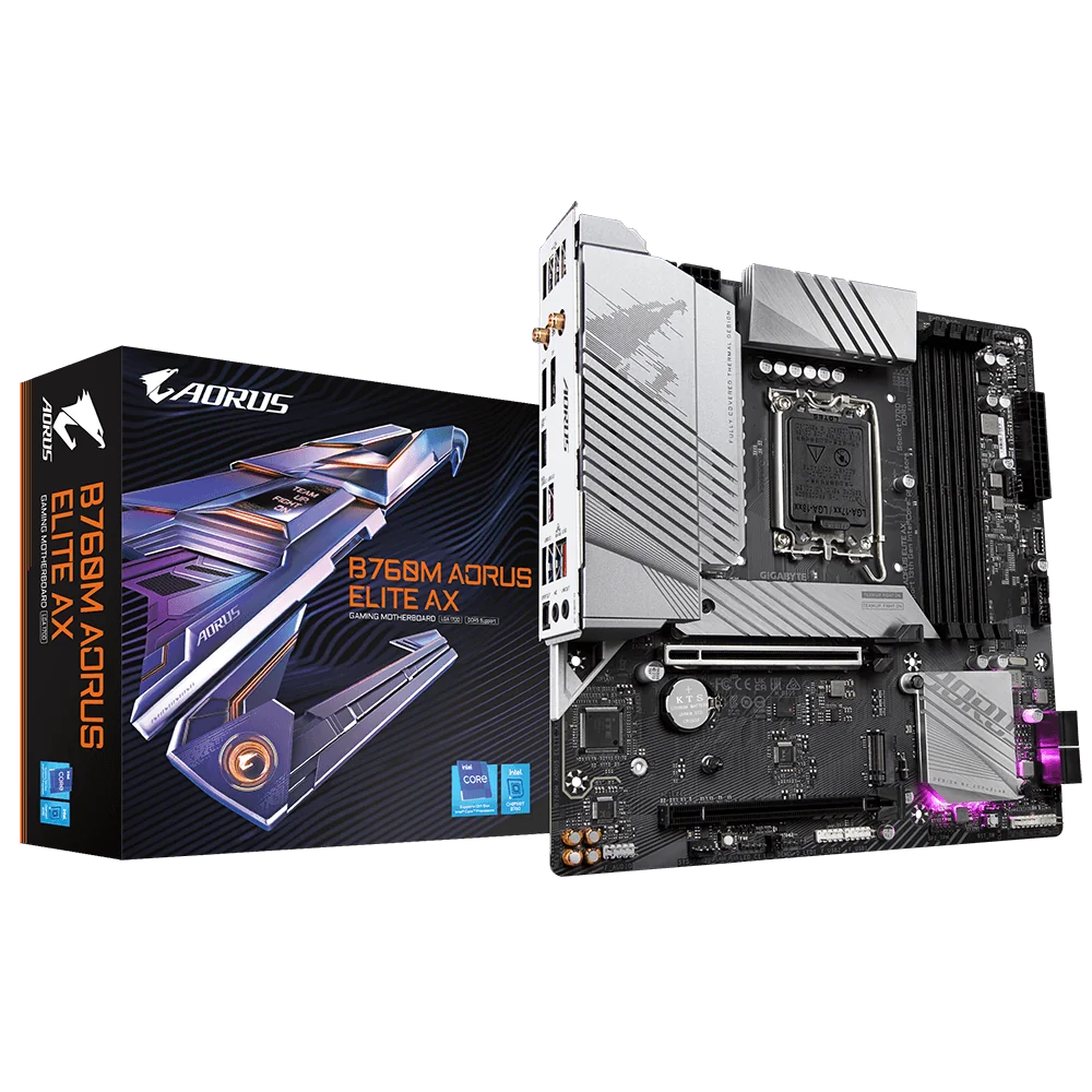 GIGABYTE B760M AORUS ELITE AX Carte Mère - Compatible avec les processeurs Intel Core 14e génération, VRM numérique 12*+1+1 phases, jusqu'à 7800MHz DDR5 (OC), 2x PCIe 4.0 M.2, Wi-Fi 6E, 2.5GbE LAN, USB 3.2 Gen 2