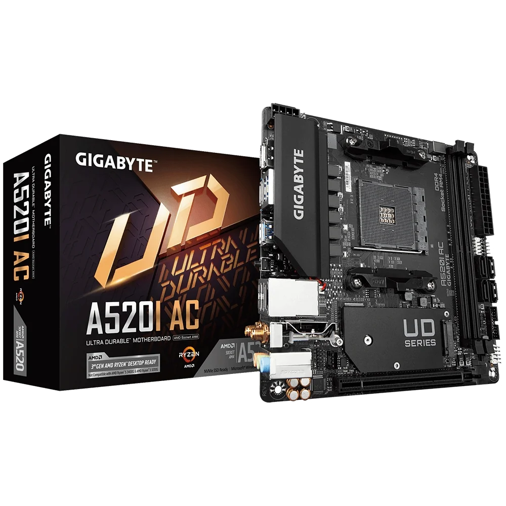 GIGABYTE A520I AC Carte Mère - Prend en charge les processeurs AMD Ryzen 5000 Series AM4, 6 phases VRM numériques, jusqu'à 5300MHz DDR4 (OC), 1xPCIe 3.0 M.2, WIFI, GbE LAN, USB 3.2 Gen1