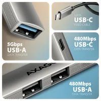 Axagon HUB USB HUE-STC, 4x USB ALU STRIP hub, 1x USB-A 5Gbps, 2x USB-A & 1x USB-C 480Mbps, kabel USB-C 12cm USB 3.2 Gen 1 (3.1 Gen 1) Type-C 5 Mbit/s Gris - 3