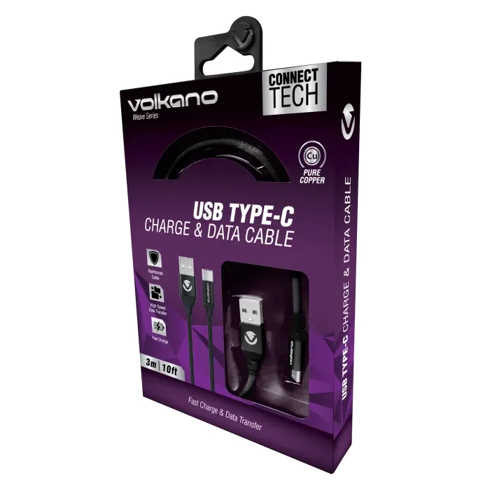 VOLKANO VK-20145-BK WEAVE Series Cable USB > USB-C Tressé 3,0m * NOIR