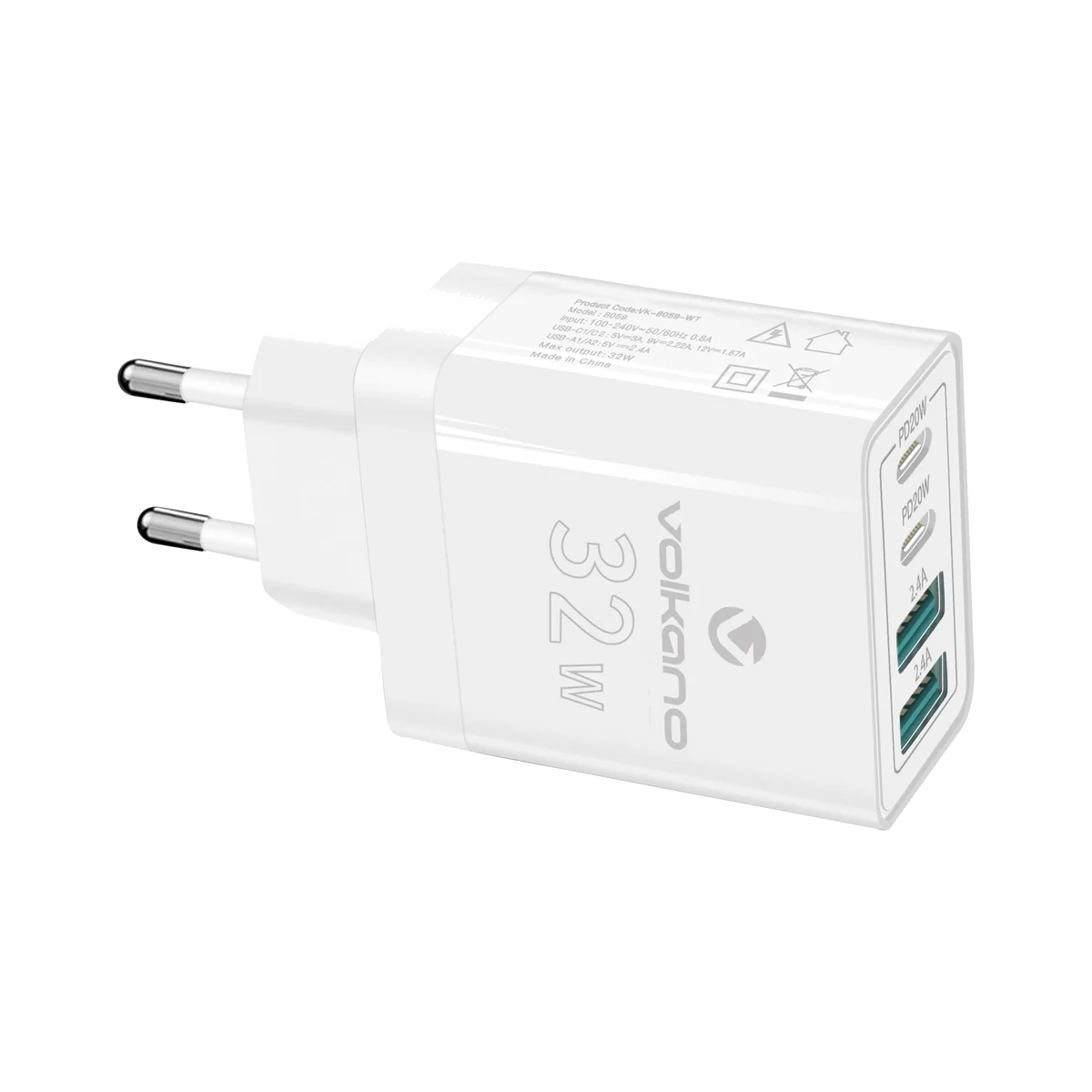 VOLKANO VK-8059-WT Quad Series 2 PD Type-C 2xUSB-A 2.4A