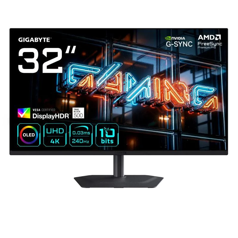 GIGABYTE MO32U24 Moniteur Gaming OLED 32” 4K UHD - 3840 x 2160, 240Hz, 0.03ms, 300 cd/m², G-Sync Compatible, FreeSync Premium Pro, Display HDR True Black 500, HDMI 2.1, DisplayPort 1.4