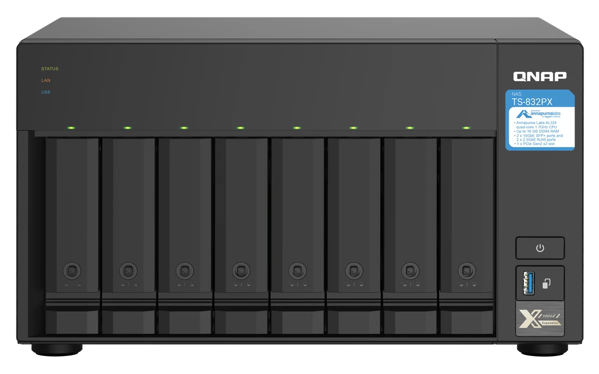 QNAP TS-832PX NAS Tower Annapurna Labs AL324 4 Go DDR4 0 To QNAP Turbo System Aluminium, Noir