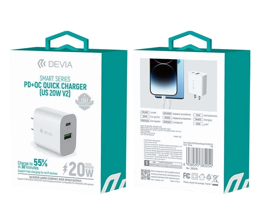 DEVIA Smart Chargeur secteur USB-C/A PD+QuickCharge 20W v2 EU