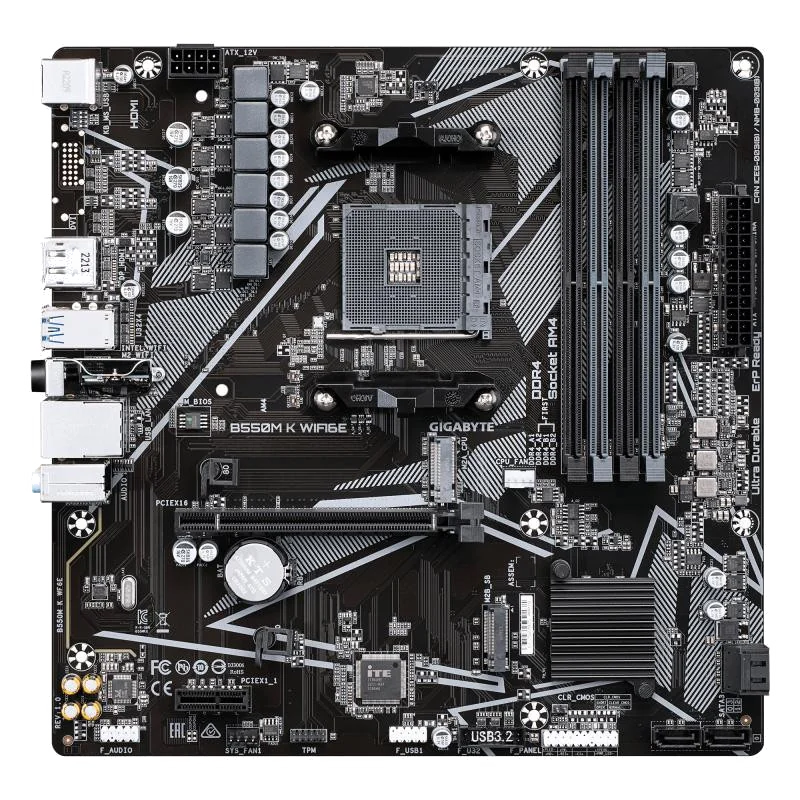 GIGABYTE B550M K WIFI6E Carte Mère – AMD Ryzen 5000 CPUs, jusqu’à 4733 MHz DDR4, 1x PCIe 4.0 + 1x PCIe 3.0 M.2, Wi-Fi 6E, LAN 1 GbE, USB 3.2 Gen 1