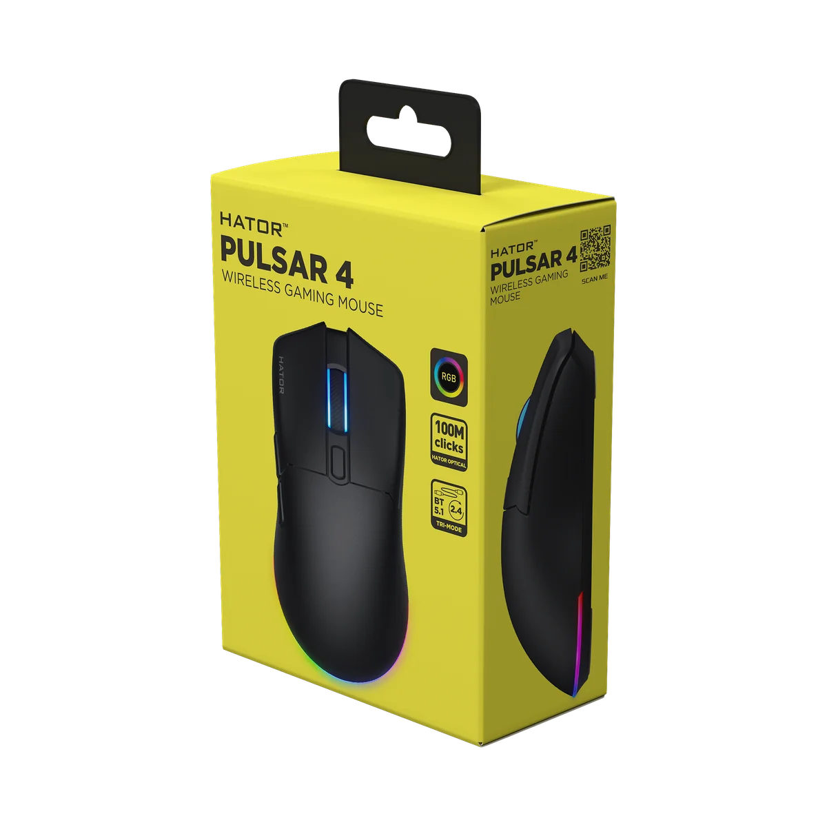 HATOR Pulsar 4 souris gaming, 2.4 GHz + Bluetooth + USB, Optical Yellow 100M Switches, PixArt PAW3315, RGB, Web SyncHUB™, Noire